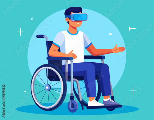 A person in a wheelchair wearing a virtual reality headset, interacting with a digital world.