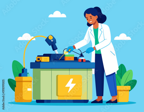 A female scientist in a lab coat and gloves meticulously conducting an experiment with advanced electrical laboratory equipment.