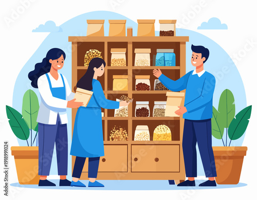 Customers buying bulk food at a zero waste grocery store. Flat vector illustration of sustainable shopping and eco friendly lifestyle.