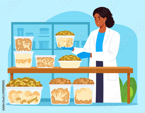 A female scientist in a lab coat examining various types of fungi and mushrooms in clear containers on shelves and a table in a laboratory setting.