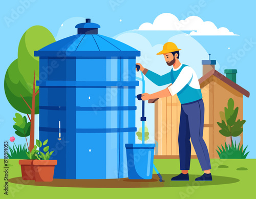 Worker in a garden setting maintaining large blue water storage tanks for irrigation or domestic use. Concept of water conservation.