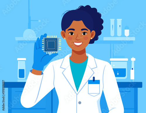 Female scientist in a white coat holding a microchip in a high-tech laboratory. Concept of semiconductor research and female in STEM.