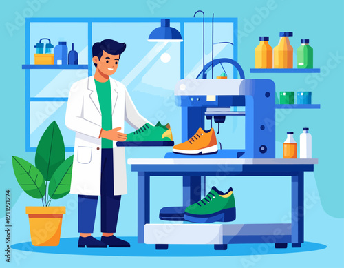 A male engineer using a 3D printer to create modern footwear in a laboratory. Concept of innovative manufacturing and digital design.