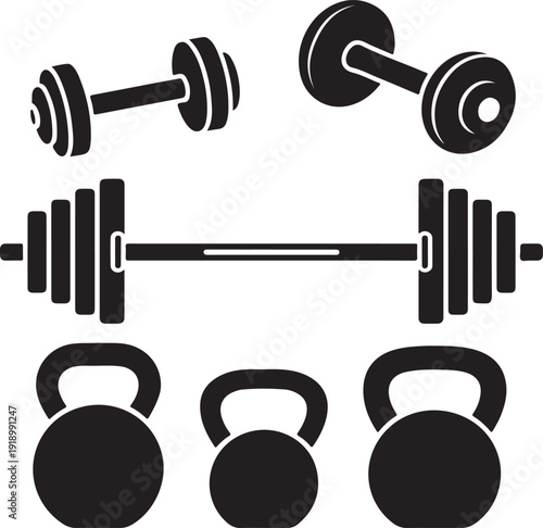 black silhouette of dumbbells and kettlebells for weightlifting and fitness