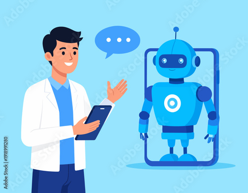 Man in lab coat interacting with a blue robot on a smartphone screen, representing AI and technology.