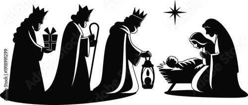 Vector, black, silhouette, of, the, Christmas, nativity, scene, with, baby, Jesus, Mary, Joseph, and, the, three, wise, men, bringing, gifts, under, the, Bethlehem, star