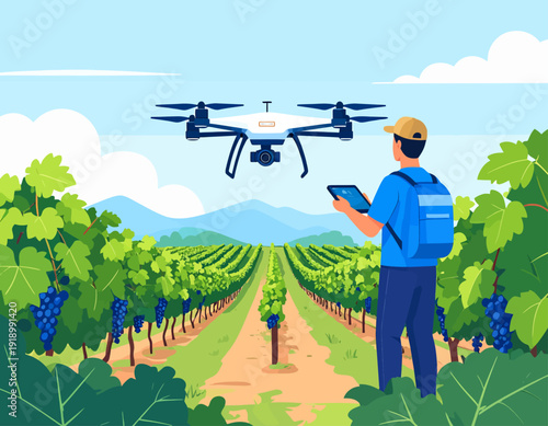 A farmer uses a drone to monitor a vineyard, showcasing modern agricultural technology and precision farming.