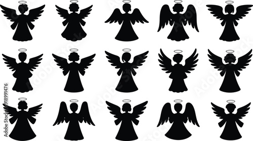 Vector, black, silhouette, set, of, cute, Christmas, angels, with, wings, and, halos, for, spiritual, religion, holiday, decoration, heaven, and, christian, design, elements, isolated