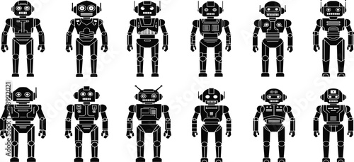 Vector, black, silhouette, set, of, various, futuristic, toy, robots, and, androids, for, artificial, intelligence, technology, automation, science, fiction, and, character, design, elements, isolated
