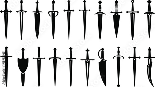Vector, black, silhouette, set, of, various, historical, and, fantasy, daggers, and, short, swords, for, medieval, war, martial, arts, gaming, and, ancient, weapon, design, elements, isolated