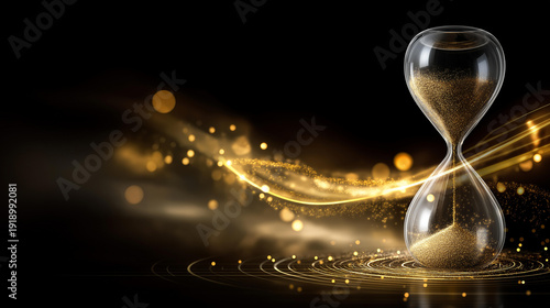 Sand clock and technology concept visualization, time measurement innovation, digital temporal representation, modern chronology symbolism, with copy space