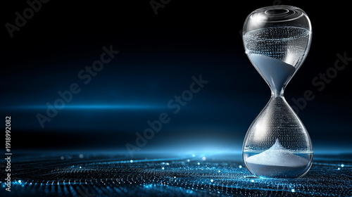 Sand clock and technology concept visualization, time measurement innovation, digital temporal representation, modern chronology symbolism, with copy space