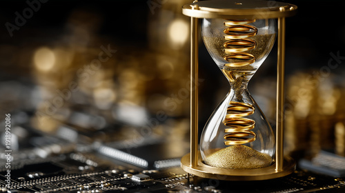 Sand clock and technology concept visualization, time measurement innovation, digital temporal representation, modern chronology symbolism, with copy space