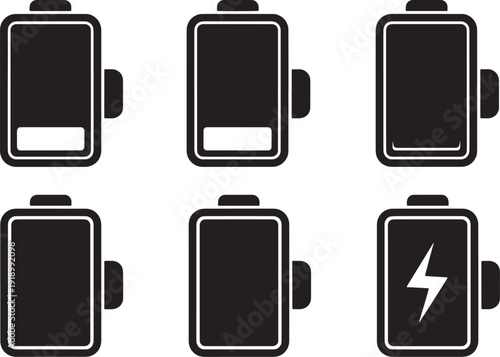 Battery status icon set. Includes low battery, empty battery, charging battery, full battery and dead battery symbols. Created in simple style with black and white palette