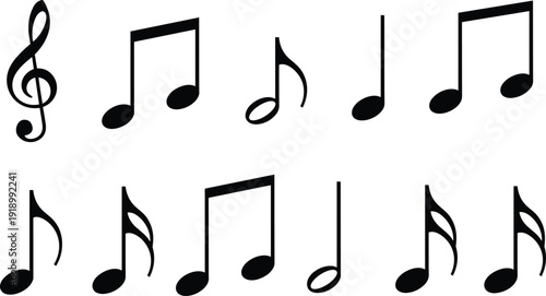 Vector, black, silhouette, set, of, various, musical, notes, and, symbols, including, treble, clef, quavers, and, crotchets, for, sound, melody, rhythm, and, artistic, design, elements, isolated