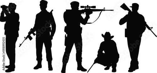 Vector, black, silhouette, set, of, various, soldiers, and, snipers, with, rifles, binoculars, and, tactical, gear, for, military, army, combat, and, security, design, elements, isolated