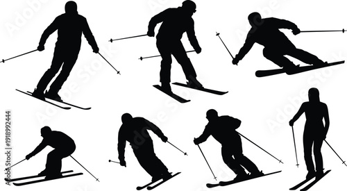 Vector, black, silhouette, set, of, professional, skiers, in, various, downhill, and, cross, country, poses, for, winter, sports, competition, resort, training, and, 