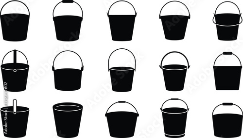 Vector, black, silhouette, set, of, various, buckets, and, pails, for, household, cleaning, gardening, industrial, utility, construction, and, water, storage, design, elements, isolated, on, white