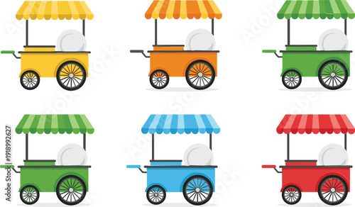 Vector, illustration, set, of, colorful, street, food, carts, with, striped, awnings, for, outdoor, market, festival, retail, vending, snacks, and, summer, fair, design, elements, isolated