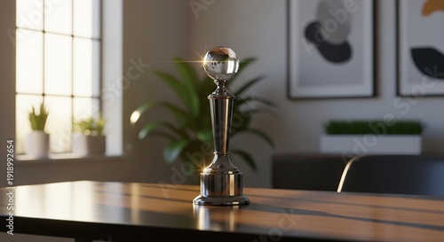 фотографія Polished trophy with a glass orb on a wooden table interior setting with plants