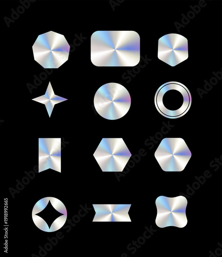 holographic effect badge set, variety of objects, holo shield, holo star, holo circle, Hologram stickers set gradient iridescent shapes