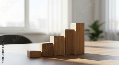 Wooden blocks arranged in a rising bar graph on a table with soft window light