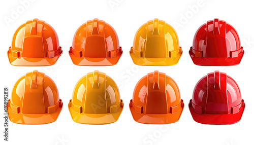 Eight colorful, glossy hard hats arranged in two rows of four, each a different shade of orange, yellow, and red