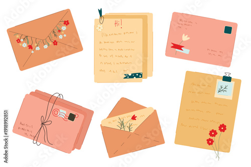 Flat vector set of cozy stationery elements including letters, envelopes, postcards, and handwritten notes. Pen pal and correspondence theme perfect for scrapbooking, journaling, greeting cards