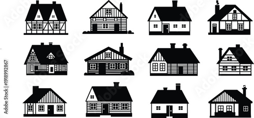 Vector, black, silhouette, set, of, various, cozy, houses, cottages, and, cabins, for, real, estate, architecture, residential, building, home, design, elements, isolated, 
