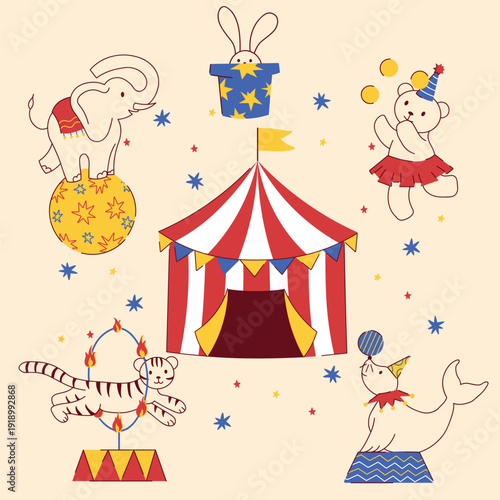 Cute flat vector circus poster with tent, performers, animals, and festive elements. Playful children-style illustration in soft retro colors, perfect for nursery decor, kids room posters