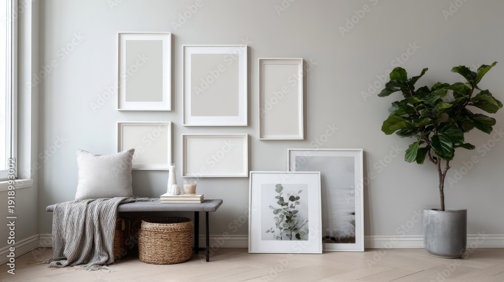 Fototapeta premium many blank picture frames mockup on the white wall in scandinavian room