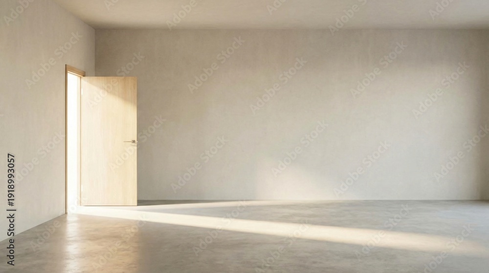 Obraz premium Interior space with a single open wooden door casting a light beam across the floor