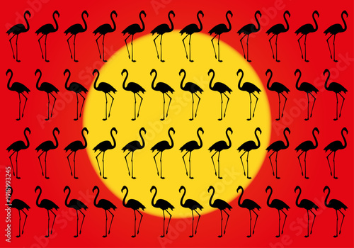 Fondo de siluetas de flamencos sobre fondo radial amarillo y naranja