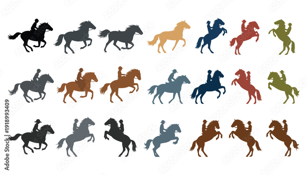 Obraz premium Silhouettes of horses and riders in various dynamic poses