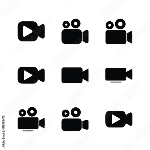 Collection of video camera icons in black silhouette style
