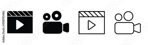 Collection of video icons including camera and clapperboard, for media production