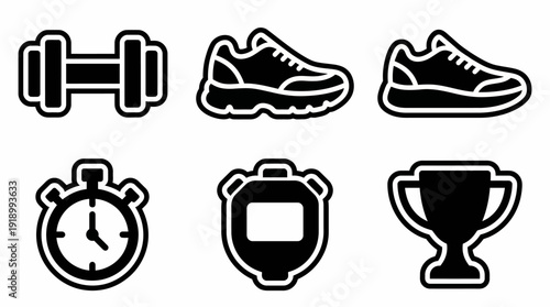 Exercise and Training Icons Vector – Stylized Symbols of Dumbbell, Running Shoes, Stopwatch, Fitness Tracker, and Trophy for Sports, Workout, and Health Design Projects