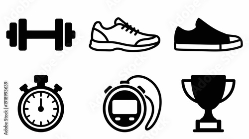 Exercise and Training Icons Vector – Stylized Symbols of Dumbbell, Running Shoes, Stopwatch, Fitness Tracker, and Trophy for Sports, Workout, and Health Design Projects