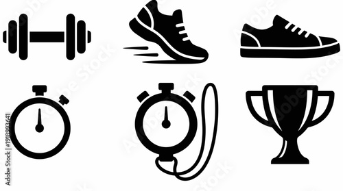 Exercise and Training Icons Vector – Stylized Symbols of Dumbbell, Running Shoes, Stopwatch, Fitness Tracker, and Trophy for Sports, Workout, and Health Design Projects