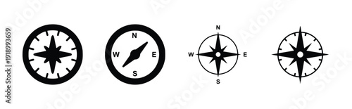 Compass icons set, navigation tools for travel and adventure, exploring direction and orientation