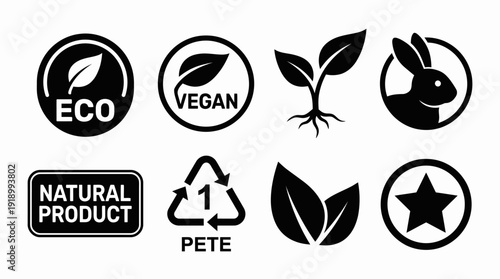 Natural and Vegan Product Icons Vector – Stylized Symbols of Eco Leaf, Rabbit, PETE Recycle, and Star for Organic, Ethical, and Sustainable Design Projects