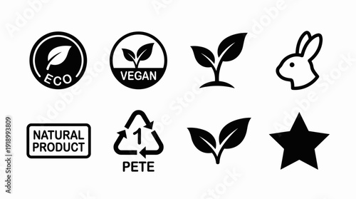 Natural and Vegan Product Icons Vector – Stylized Symbols of Eco Leaf, Rabbit, PETE Recycle, and Star for Organic, Ethical, and Sustainable Design Projects