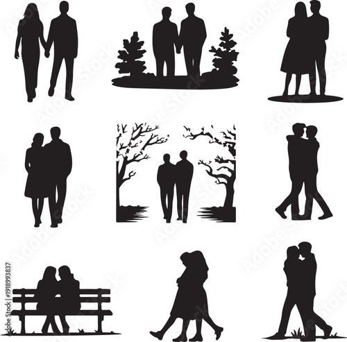 black silhouettes of couples in various romantic poses and settings
