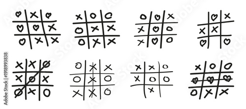Hand-drawn tic tac toe game set. Doodle XO game noughts and crosses sketch collection. Creative tic-tac-toe pencil doodle game pattern vector illustration