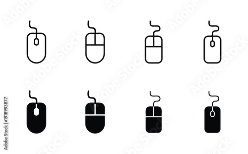 Computer mouse icons set flat outline and filled versions for digital technology and input device concepts