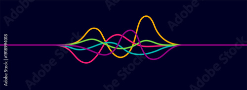 Colorful, continuous squiggle cable on a dark background. Vibrant abstract wavy lines design. Multicolored interconnected flowing wire vector illustration