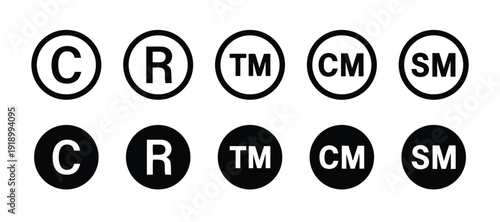 Copyright trademark and service mark icons in circles