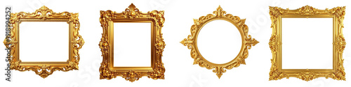 Set of Luxury Golden Frames Isolated on Transparent Background