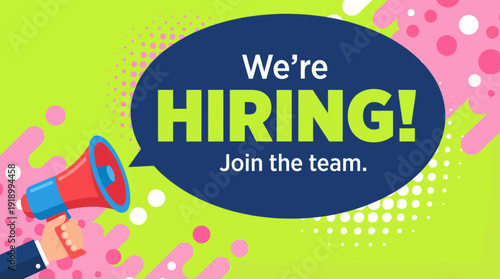 We’re Hiring Announcement Vector – Stylized Megaphone and Bold Text Design for Recruitment, Job Openings, Team Building, and Workplace Branding Projects