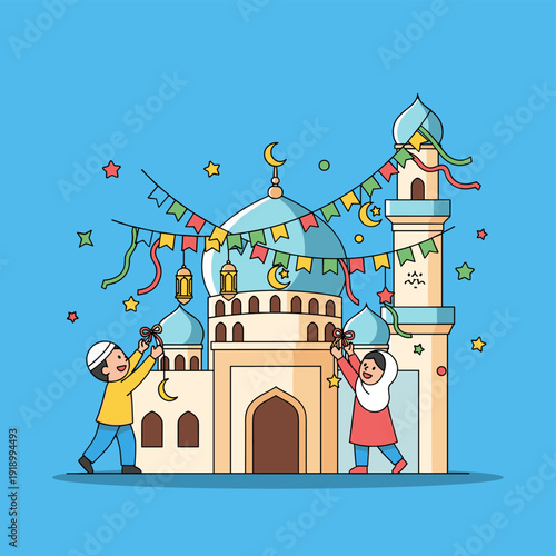 Children decorating a mosque with festive banners and crescent moons for an Islamic celebration.